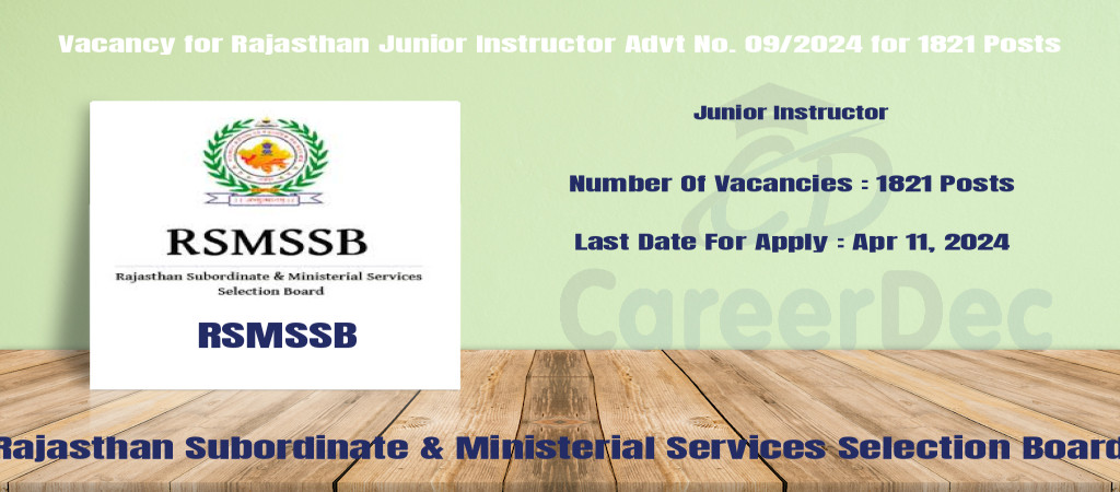 Vacancy for Rajasthan Junior Instructor Advt No. 09/2024 for 1821 Posts Cover Image