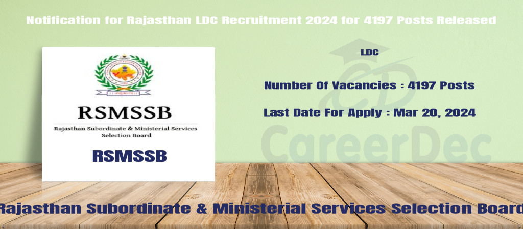Notification for Rajasthan LDC Recruitment 2024 for 4197 Posts Released Cover Image