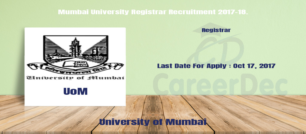 Mumbai University Registrar Recruitment 2017-18. Cover Image