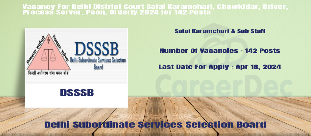 Vacancy For Delhi District Court Safai Karamchari, Chowkidar, Driver, Process Server, Peon, Orderly 2024 for 142 Posts Cover Image