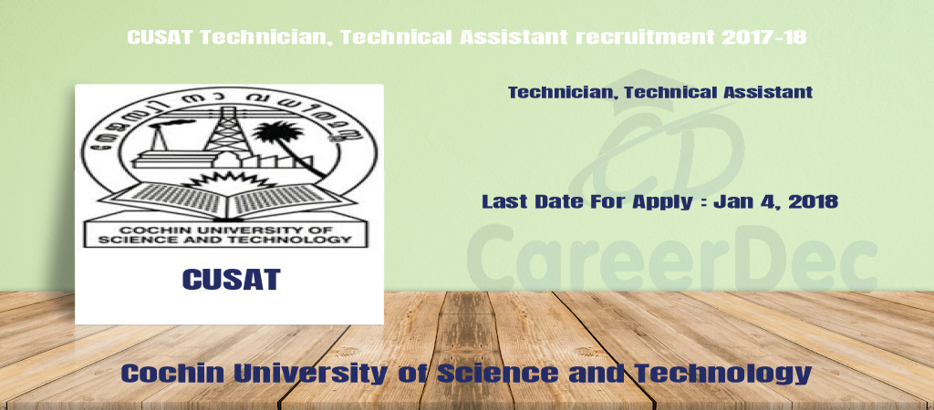CUSAT Technician, Technical Assistant recruitment 2017-18 Cover Image