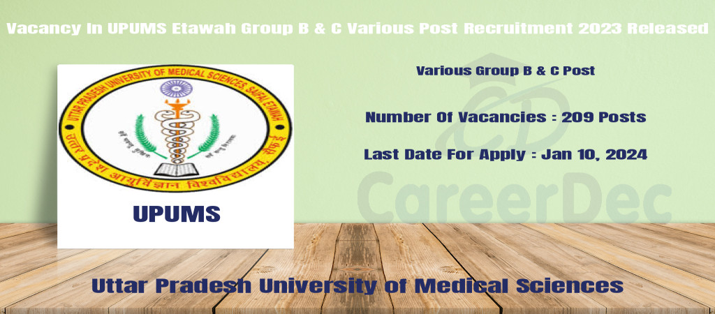 Vacancy In UPUMS Etawah Group B & C Various Post Recruitment 2023 Released Cover Image