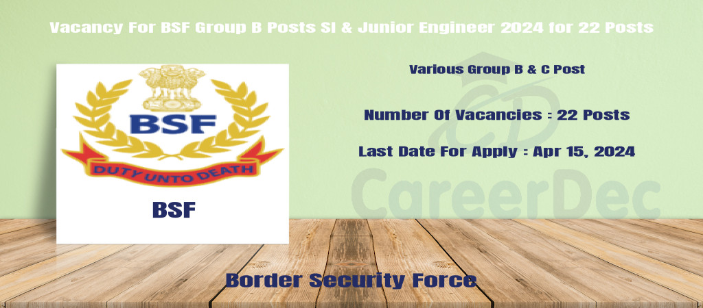 Vacancy For BSF Group B Posts Sub Inspector 2024 for 22 Posts Cover Image