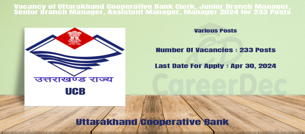 Vacancy of Uttarakhand Cooperative Bank Clerk, Junior Branch Manager, Senior Branch Manager, Assistant Manager, Manager 2024 for 233 Posts Cover Image