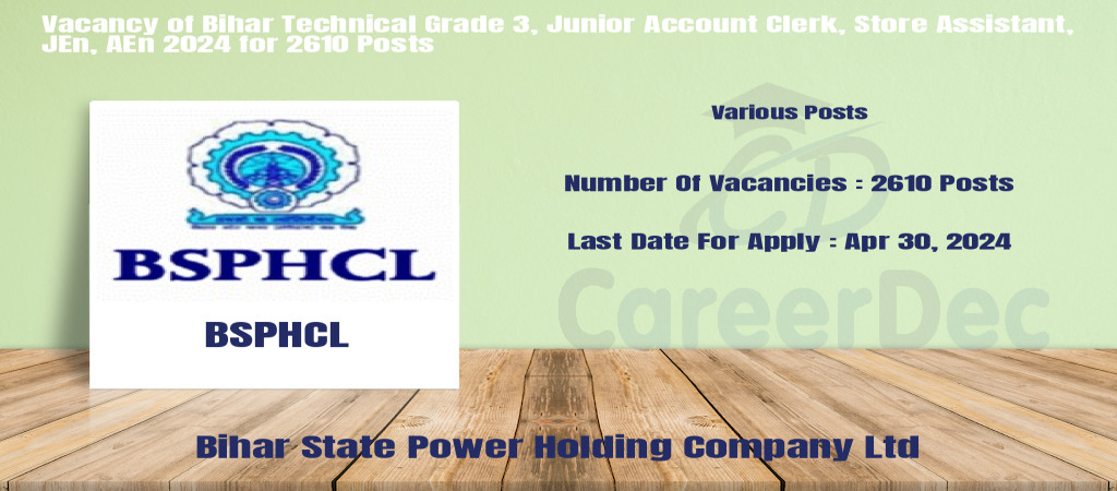 Vacancy of Bihar Technical Grade 3, Junior Account Clerk, Store Assistant, JEn, AEn 2024 for 2610 Posts Cover Image
