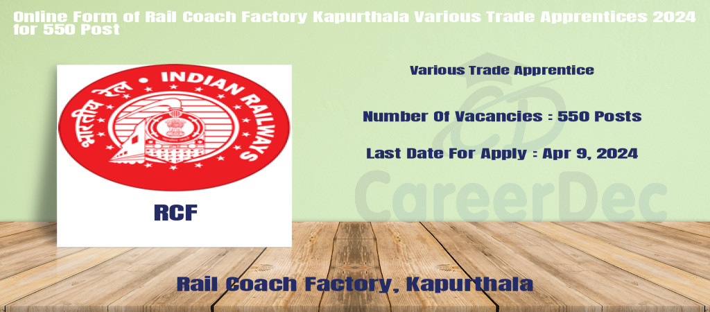 Online Form of Rail Coach Factory Kapurthala Various Trade Apprentices 2024 for 550 Post Cover Image
