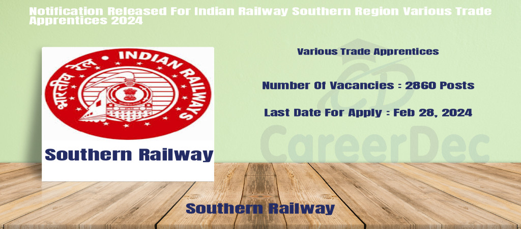 Notification Released For Indian Railway Southern Region Various Trade Apprentices 2024 Cover Image